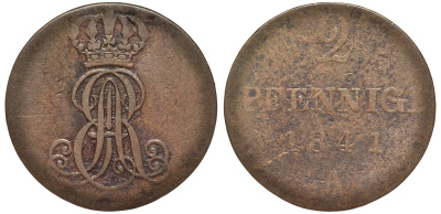 Ганновер 2 пфеннига 1841 A, Эрнст Август (1837-1851) KM 174.1, AKS 122, J. 55 медь 75-1717