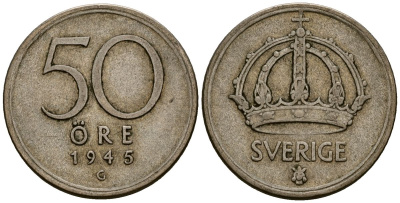 Швеция 50 эре 1945 Густав V (1907-1950) KM 817 серебро 4177-925