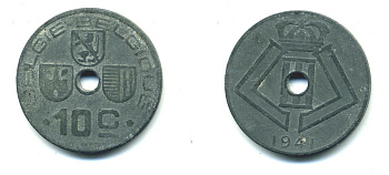 БЕЛЬГИЯ 10 САНТИМОВ 1941 BELGIE-BELGIQUE, ГЕРМАНСКАЯ ОККУПАЦИЯ, ВТОРАЯ МИРОВАЯ ВОЙНА KM 126 цинк 4385-535