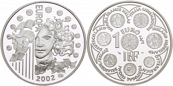 Франция 1 1/2 евро 2002 введение евро KM 1301 серебро PROOF 05-086-25