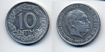 Испания 10 сентимо 1959 Франсиско Франко (1939-1975) KM 790 алюминий 54-1325