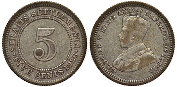 Стрейтс-Сетлментс 5 центов 1926 Георг V (1910-1936) КМ 36 серебро 53-542