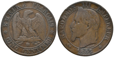 ФРАНЦИЯ 5 САНТИМОВ 1863 ВВ, НАПОЛЕОН III (1852-1870) KM 797.2, LE FRANC 117.9 бронза 67-122