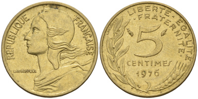 Франция 5 сантимов 1976 тип Марианна KM 933 медь алюминий никель    4152-1225