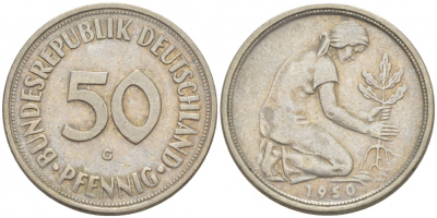 ФРГ 50 ПФЕННИГОВ 1950 G KM 109.1, J. 384 медно-никель 112-953