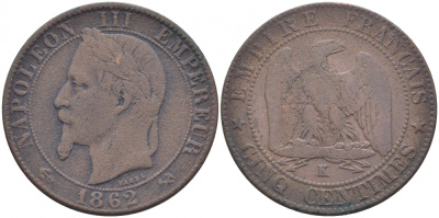 ФРАНЦИЯ 5 САНТИМОВ 1862 K, НАПОЛЕОН III (1852-1870) KM 797.3, LE FRANC 117.7 бронза 4448-127