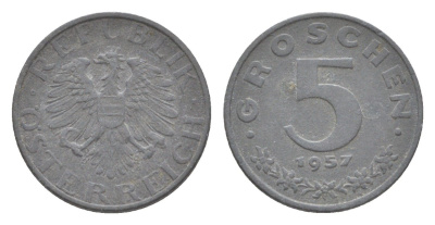 Австрия 5 грошей 1957 KM 2875 цинк 4643-438