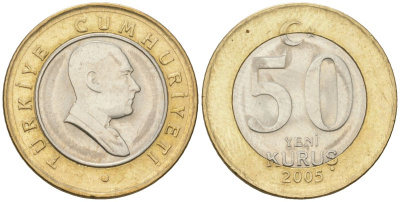 Турция 50 новых курушей 2005 KM 1168 биметалл 4610-1123