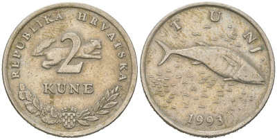 Хорватия 2 куна 1993 тунец, легенда на хорватском KM 10 медь цинк никель 4448-1015