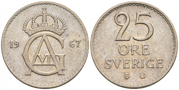 Швеция 25 эре 1967 U Густав VI Адольф (1950-1973) KM 836 медно-никель 44-116