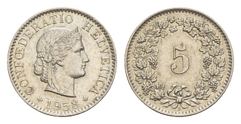 Швейцария 5 раппенов 1958 B KM 26 медно-никель 4643-334