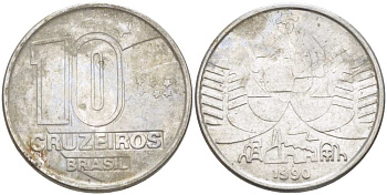 Бразилия 10 крузейро 1990 золотодобыча KM 619.1 нержавеющая сталь 3856-831