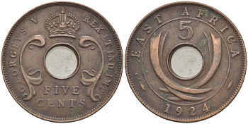 Британская Восточная Африка 5 центов 1924 Георг V (1910-1936) KM 18 бронза 117-145