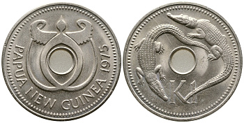 Папуа-Новая Гвинея 1 кина 1975 крокодилы KM 6 медно-никель UNC 107-715