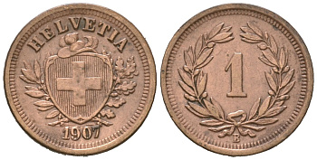 Швейцария 1 раппен 1907 B KM 3 бронза 26-918