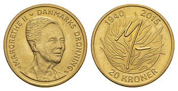 Дания 20 крон 2015 75 лет со дня рождения Королевы Маргрете II KM 964 алюминиевая бронза UNC 4648-252