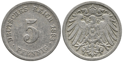 ГЕРМАНИЯ 5 ПФЕННИГОВ 1893 F KM 11, J. 12 медно-никель 39-649