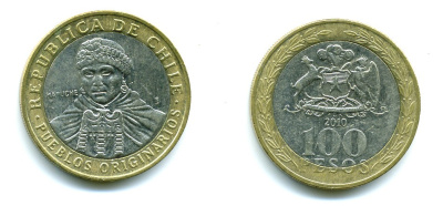 Чили 100 песо 2010 индейцы Мапуче KM 236 биметалл 41-145