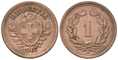 Швейцария 1 раппен 1907 B KM 3 бронза 26-918