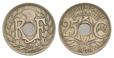 Франция 25 сантимов 1920 KM 867a медно-никель 4539-757