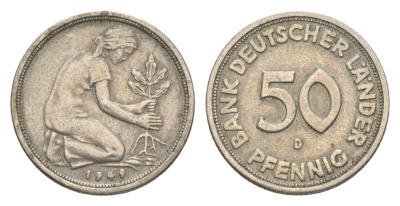 ФРГ 50 пфеннигов 1949 D KM 104, J. 379 медно-никель 4636-758
