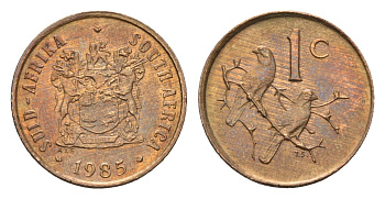 ЮАР 1 цент 1985 герб, капские воробьи KM 82 бронза UNC 4685-629