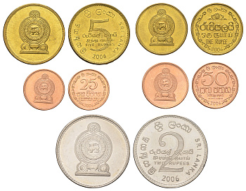 Шри-Ланка набор из 5 монет (25 и 50 центов; 1, 2 и 5 рупий) 2006 KM 135.2b, 136.3, 141.2b, 147a и 148a UNC 4671-1241-1244