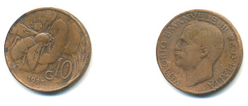 ИТАЛИЯ 10 ЧЕНТЕЗИМО 1923 R, ВИКТОРИО ЭМАНУИЛ, ПЧЕЛА KM 60 медь 80-1157