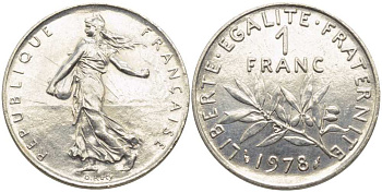 ФРАНЦИЯ 1 ФРАНК 1978 СЕЯТЕЛЬ KM 925.1, LE FRANC 226.23 никель 175-547