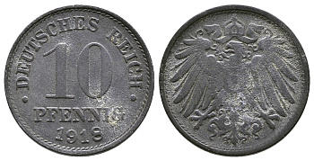 ГЕРМАНИЯ 10 ПФЕННИГОВ 1918 KM 26, J. 299 цинк 4380-217