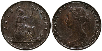 Великобритания 1/2 пенни 1861 Виктория (1837-1901) KM 748.2, Spink 3956 бронза 1518-915