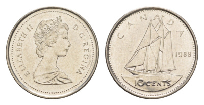 Канада 10 центов 1988 Елизавета II (1952-2022), парусник KM 77 никель UNC 4639-651
