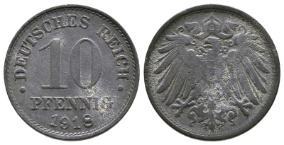 ГЕРМАНИЯ 10 ПФЕННИГОВ 1918 KM 26, J. 299 цинк 4380-217