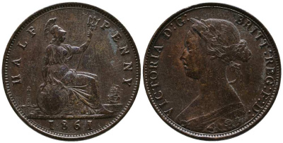Великобритания 1/2 пенни 1861 Виктория (1837-1901) KM 748.2, Spink 3956 бронза 1518-915