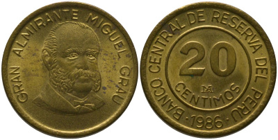 Перу 20 сентимо 1986 LIMA KM 294, Schon 95 латунь aUNC 4541-641