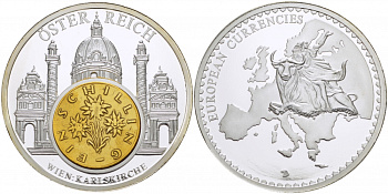 АВСТРИЯ МЕДАЛЬ С МОНЕТОЙ ЕВРОПЕЙСКИЕ ВАЛЮТЫ, АРХИТЕКТУРА медно-никель, серебрение PROOF 01-240-45