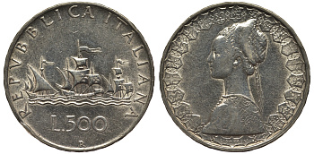 Италия 500 лир 1958 R, корабли Колумба KM 98 серебро 69-126