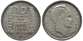 Франция 10 франков 1949 B, тип Пьер Турин, PETIT TETE KM 909.2, LE FRANC 362.7 медно-никель 27-834