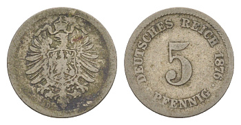 Германия 5 пфеннигов 1876 D, Вильгельм I (1871-1888) KM 3, J. 3, Weege 5 медно-никель 4639-1251
