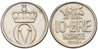 Норвегия 10 эре 1965 Улаф V (1957-1991) КМ 411 медно-никель    4169-324