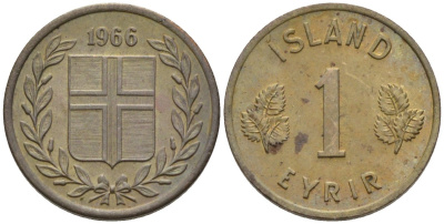 Исландия 1 эйре 1966 KM 8 бронза 4567-768