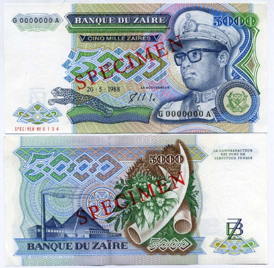 Заир 5000 заиров 1988 Мобуту Сесе Секо в военной форме, завод, золотая вставка. Образец, Specimen Pick 37 s бумага UNC (пресс) 448-39-3
