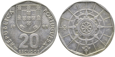 ПОРТУГАЛИЯ 20 ЭСКУДО 1999 INCM KM 634.1 медно-никель 1524-832