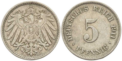 Германия 5 пфеннигов 1911 J KM 11, Jager 12, Weege 6 медно-никель 105-146