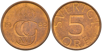 Швеция 5 эре 1982 Карл XVI Густав (1973- ) KM 849 бронза UNC 4585-342