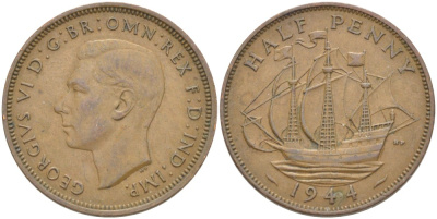 Великобритания 1/2 пенни 1944 Георг VI (1936-1952) KM 844, Spink 4115 бронза 51-2252