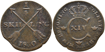 Швеция 1/4 скиллинга 1830 Карл XIV Юхан (1818-1844) KM 595 медь 4393-326