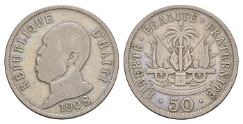 Гаити 50 сантимов 1908 Президент Пьер Нор Алексис KM 56 медно-никель 4654-1254