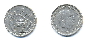 ИСПАНИЯ 5 ПЕСЕТ 1969 KM 786 медно-никель 54-1324