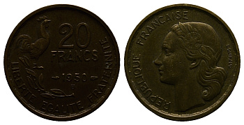 ФРАНЦИЯ 20 ФРАНКОВ 1950 B, 4 ПЕРА KM 917.2, LE FRANC 402.4 алюминиевая бронза 261-822